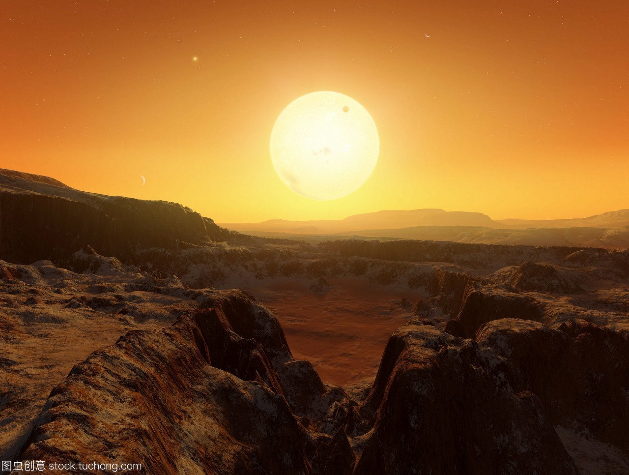 陌生的風景。在一個假想的外星星球上,對半人馬座雙星系統的一種觀點的計算機藝術。半人馬座阿爾法星系距離太陽44光年,由兩個類似太陽的恒星組成,相隔30多億公里半人馬座阿爾法星中心,大可以在地平線上看到,而b右上則是遠處的一個亮點。月亮暗斑可以看到軌道恒星a。